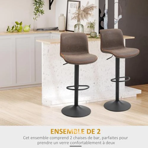 Zoom sur Tabourets Bar Vintage HOMCOM, Réglables Pivotants, Marron