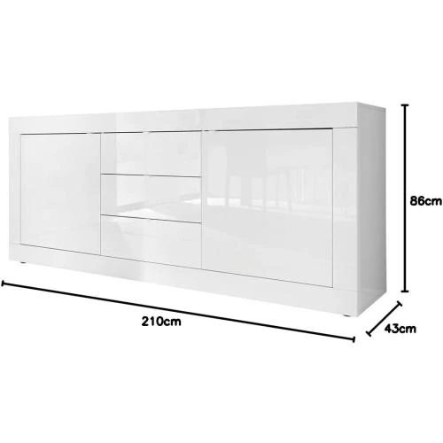 Zoom sur Buffet Basic 2 Portes, 3 Tiroirs, Blanc Brillant