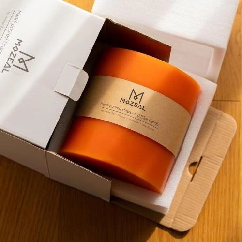 Zoom sur Bougie pilier orange 3 mèches, 120 heures combustion