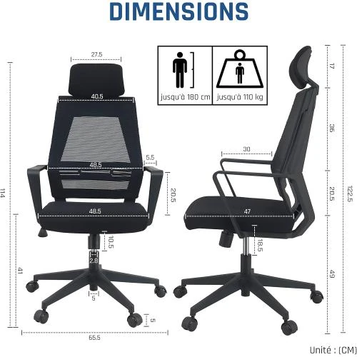Zoom sur Chaise de Bureau Ergonomique KLIM K300, Coussins Doux, Noir