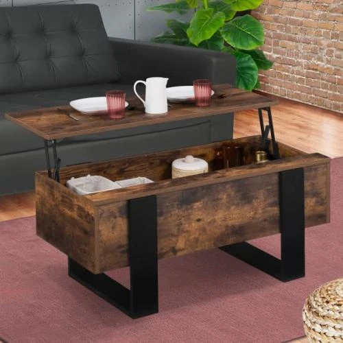 Détail de Table Basse Rectangulaire Relevable Bois Noir Effet Vieilli