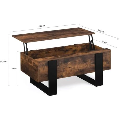 Zoom sur Table Basse Rectangulaire Relevable Bois Noir Effet Vieilli