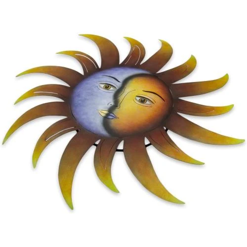 Zoom sur Décoration murale acier peint soleil, croissant lune violet, jaune