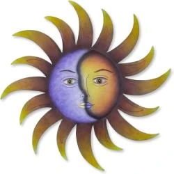 Décoration murale acier peint soleil, croissant lune violet, jaune