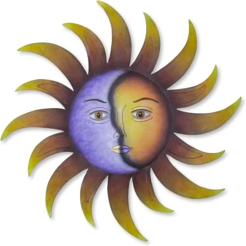 Décoration murale acier peint soleil, croissant lune violet, jaune - Vue principale