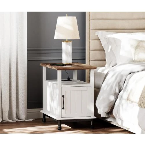 Zoom sur Table de chevet Farmhouse bois, rangement ouvert, blanc chêne