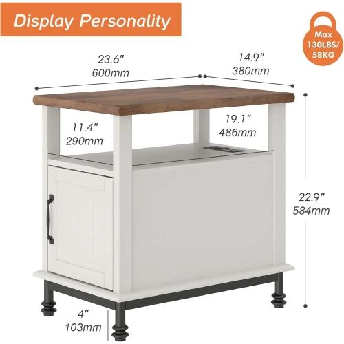 Détail de Table de chevet Farmhouse bois, rangement ouvert, blanc chêne