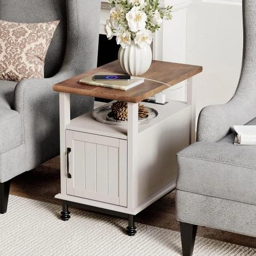 Table de chevet Farmhouse bois, rangement ouvert, blanc chêne - Vue principale
