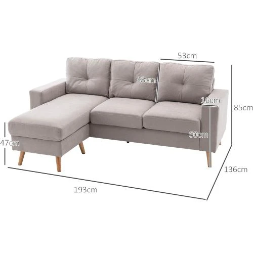 Zoom sur Canapé angle tissu lin scandinave 3 places gris clair