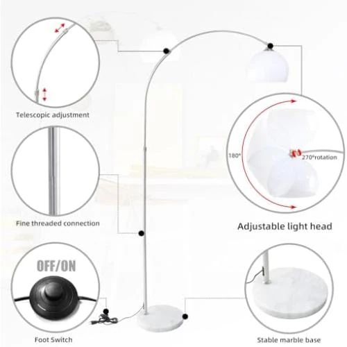 Zoom sur Lampe arc moderne salon, lampadaire courbé chrome, pied marbre blanc réglable