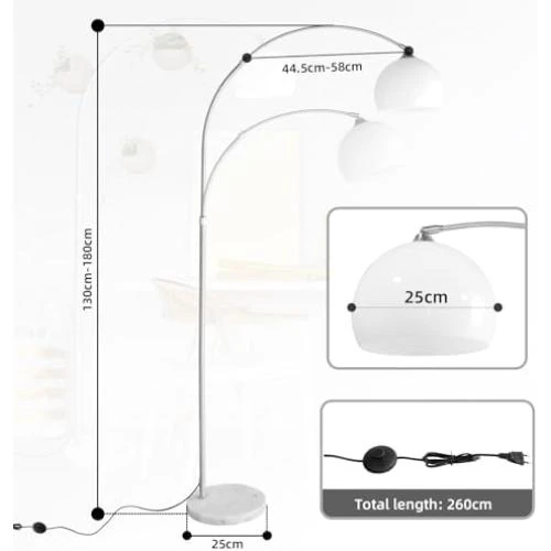 Détail de Lampe arc moderne salon, lampadaire courbé chrome, pied marbre blanc réglable