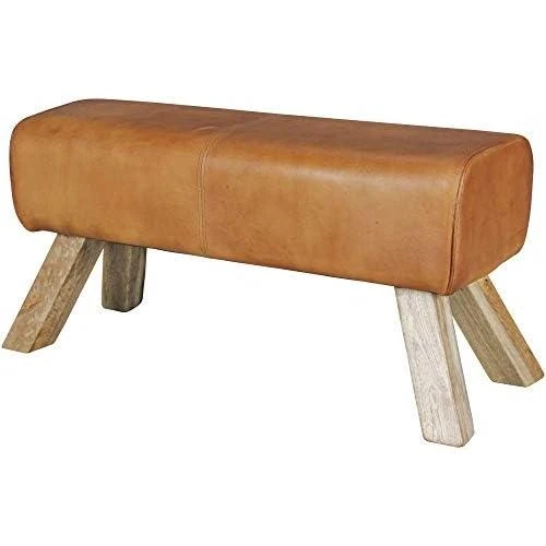 Banc en Bois Massif et Cuir Véritable Style Rétro pour Salle à Manger - Vue principale