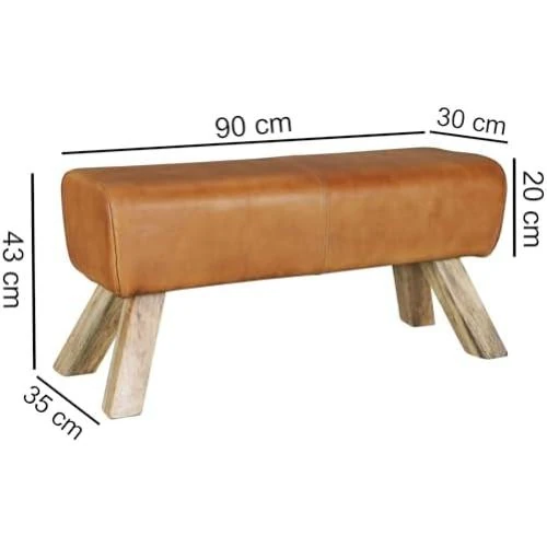 Zoom sur Banc en Bois Massif et Cuir Véritable Style Rétro pour Salle à Manger