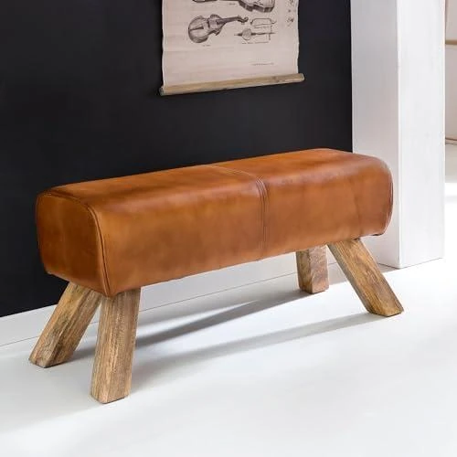 Détail de Banc en Bois Massif et Cuir Véritable Style Rétro pour Salle à Manger