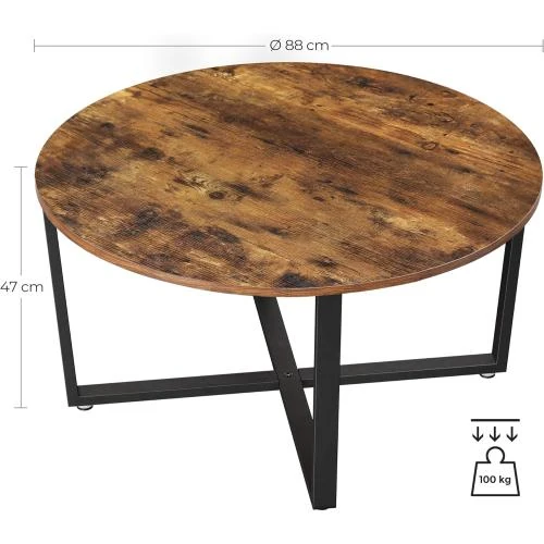 Zoom sur Table Basse Ronde Industrielle, Cadre Acier Marron Noir