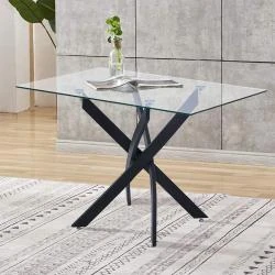 Table Salle à Manger Classique Verre Trempé Pieds Métal Noir