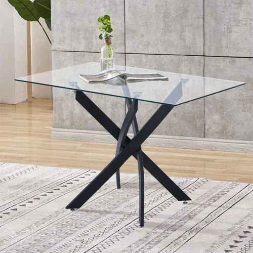 Table Salle à Manger Classique Verre Trempé Pieds Métal Noir - Vue principale