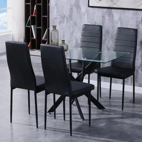 Zoom sur Table Salle à Manger Classique Verre Trempé Pieds Métal Noir