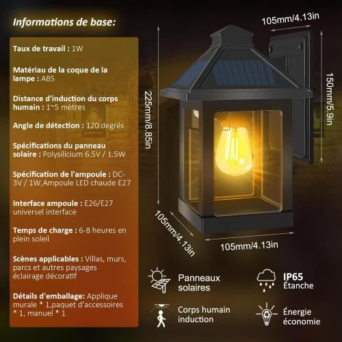 Détail de Lampe solaire vintage extérieure, LED blanche chaude, détecteur mouvement