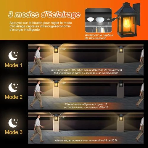 Zoom sur Lampe solaire vintage extérieure, LED blanche chaude, détecteur mouvement