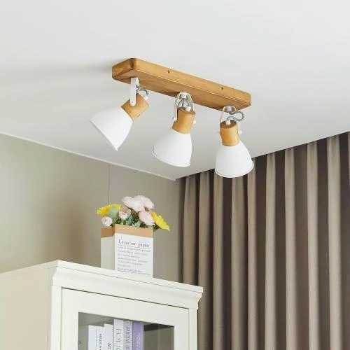 Zoom sur Lindby Spot Merela, variateur intensité, marron bois, 3 lampes