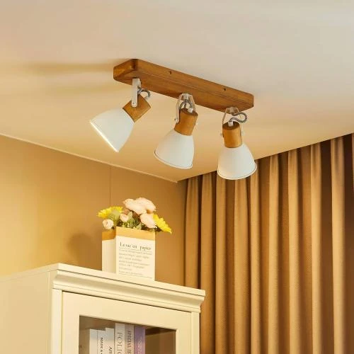 Détail de Lindby Spot Merela, variateur intensité, marron bois, 3 lampes