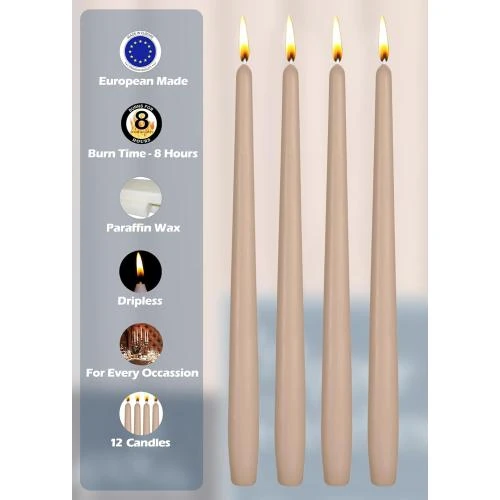 Zoom sur Bougies Coniques Non Parfumées Hyoola, Beige Sahara, 12 pièces