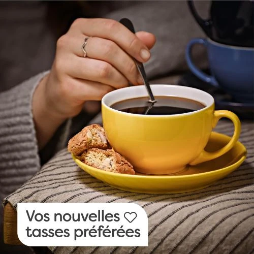 Zoom sur Tasses Cappuccino Ceramique Colorée, Soucoupes, Boite Cadeau