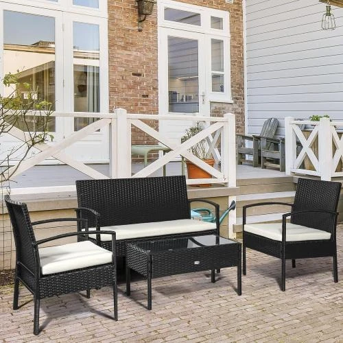 Détail de Outsunny Salon jardin rotin PE, table basse, fauteuils, noir