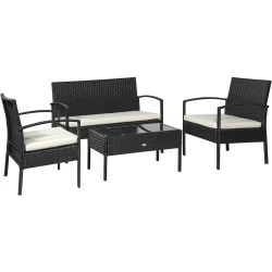 Outsunny Salon jardin rotin PE, table basse, fauteuils, noir