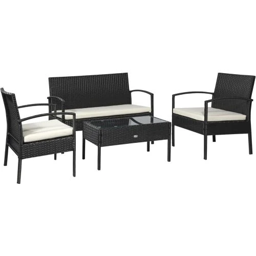 Outsunny Salon jardin rotin PE, table basse, fauteuils, noir - Vue principale