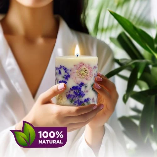 Détail de Bougie VIONAMI parfumée fleurs tropicales, luxe naturel