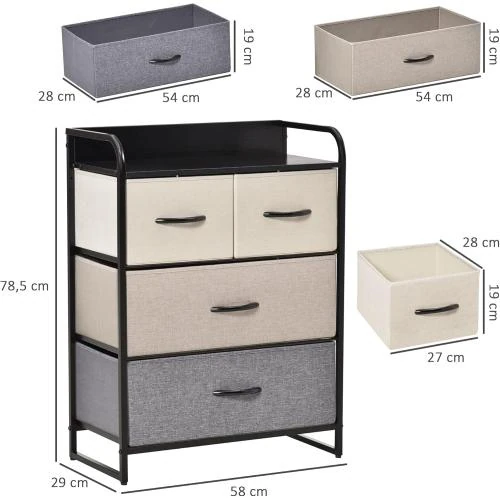 Zoom sur HOMCOM Chiffonnier 4 Tiroirs Tissu Noir, Gris, Écru, Beige