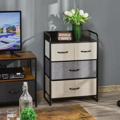 Détail de HOMCOM Chiffonnier 4 Tiroirs Tissu Noir, Gris, Écru, Beige