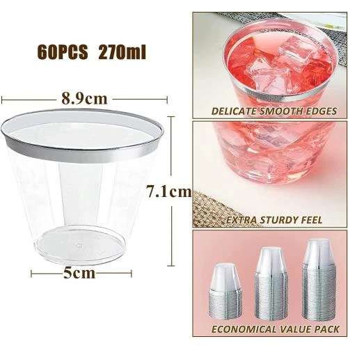 Zoom sur Gobelets en Plastique LATERN 60 pièces, Argentés, Élégants