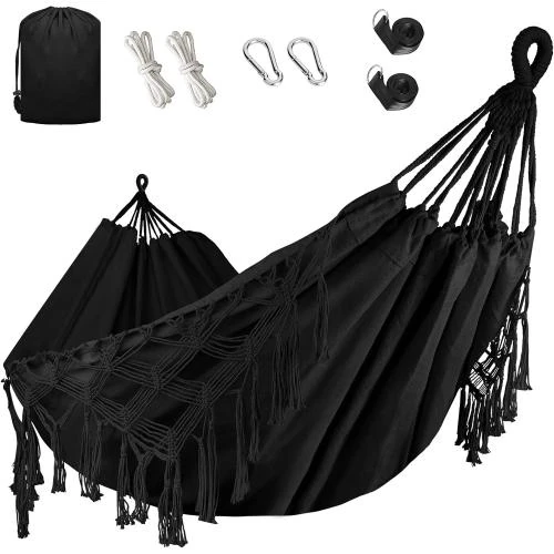 Hamac double Bellzacasa, robuste, pompons, noir, camping - Vue principale