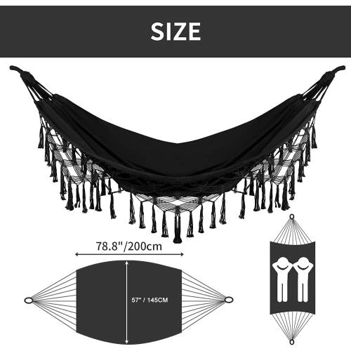 Détail de Hamac double Bellzacasa, robuste, pompons, noir, camping