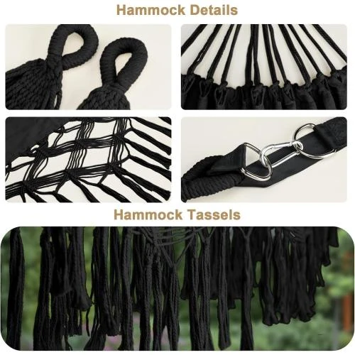 Zoom sur Hamac double Bellzacasa, robuste, pompons, noir, camping