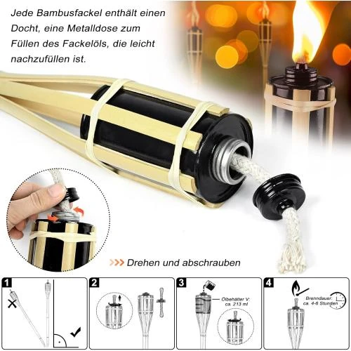 Zoom sur Torches à Huile NAIZY, 12 pièces, Bambou Naturel, Jardin