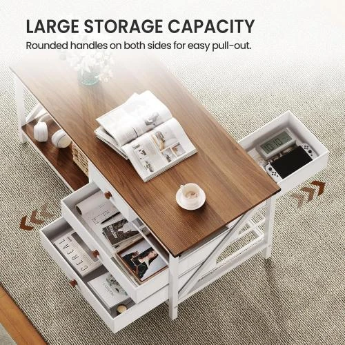 Zoom sur Table basse rustique 4 tiroirs rangement, blanc, salon