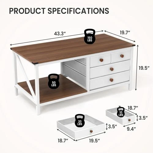 Détail de Table basse rustique 4 tiroirs rangement, blanc, salon