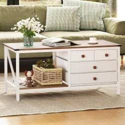 Table basse rustique 4 tiroirs rangement, blanc, salon