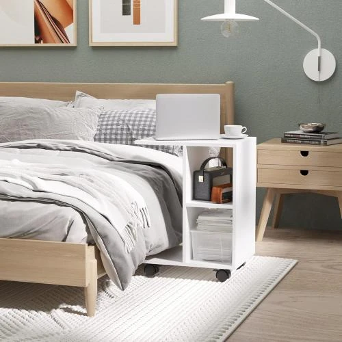Zoom sur Table d'appoint C, 2 étagères ouvertes, roulettes, blanc
