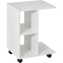 Table d'appoint C, 2 étagères ouvertes, roulettes, blanc