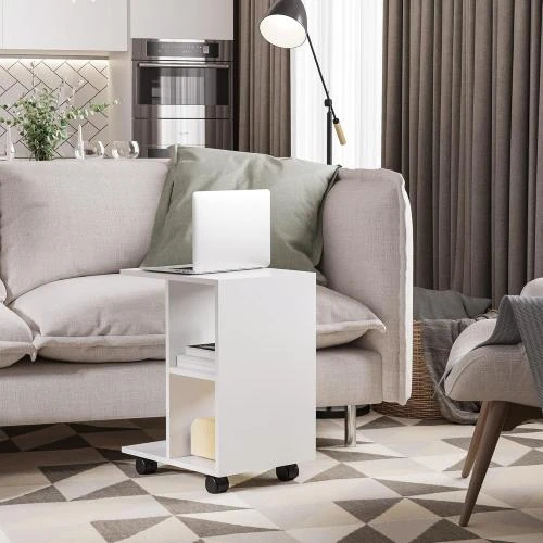 Détail de Table d'appoint C, 2 étagères ouvertes, roulettes, blanc