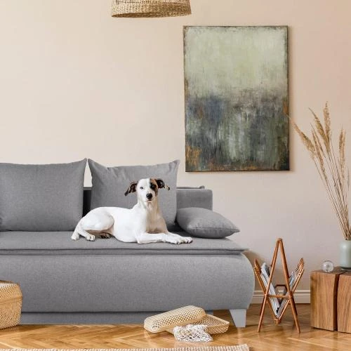 Zoom sur Canapé Boxspring, fonction sommeil, gris, extensible 2 places