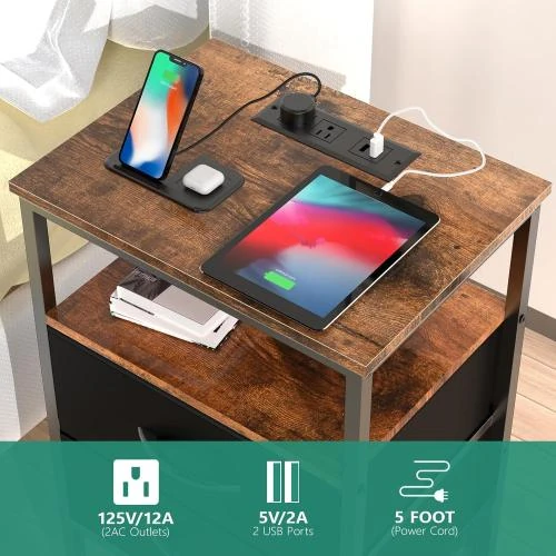 Zoom sur Table de nuit Kinembold, station de charge USB, LED, noir