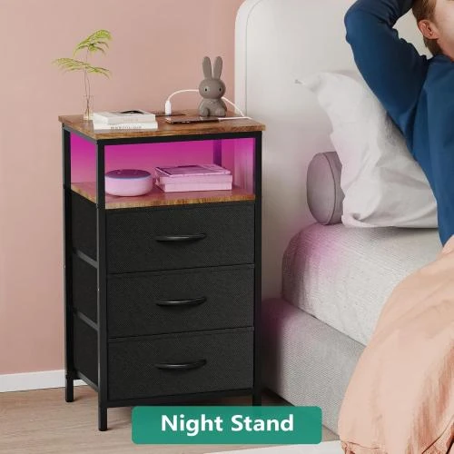 Détail de Table de nuit Kinembold, station de charge USB, LED, noir