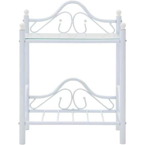Zoom sur Table de Chevet Blanc, Acier, Verre Trempé, Meuble Moderne