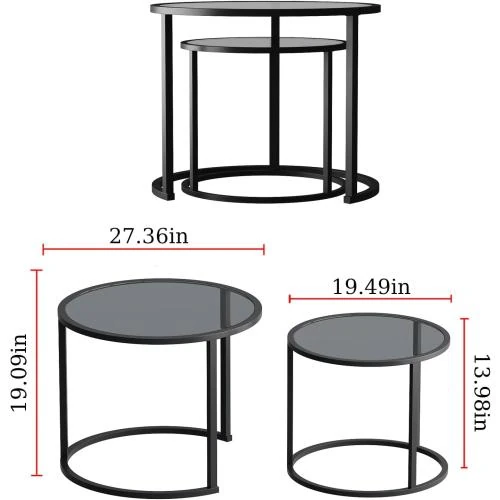 Détail de Tables basses gigognes noires BAOGELIYA, verre trempé, métal